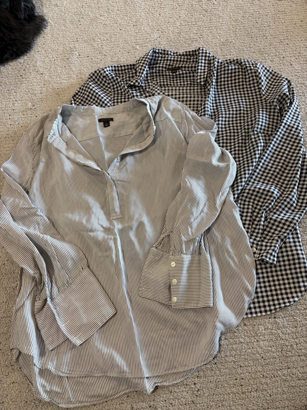 Ann Taylor Black and White Striped Button-Up and Checkered Gingham Trim Blouse